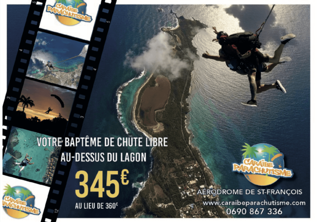 Baptême de chute libre avec Caraïbe Parachutisme au-dessus du lagon de Saint-François en Guadeloupe, tarif ÉKONOMIZ 2026 à 345 € au lieu de 360 €