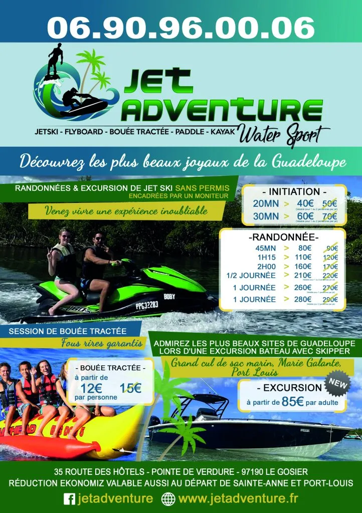 Jet ski Guadeloupe sans permis Le Gosier Jet Adventure randonnée bouée tractée kayak paddle tarifs Ekonomiz 2026