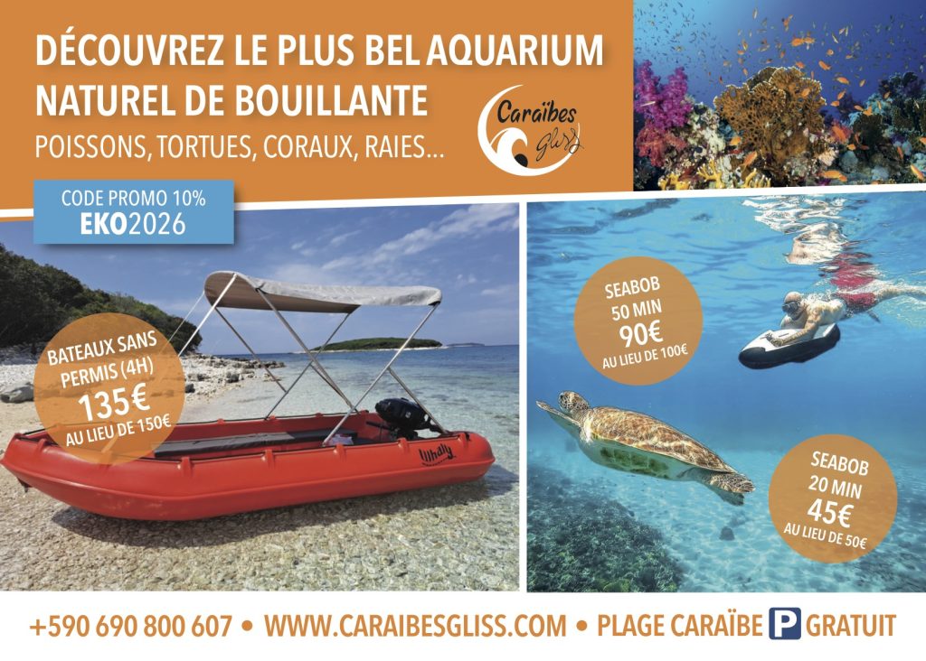 Visuel ÉKONOMIZ Caraïbes Gliss à pointe-Noire avec code promo EKO2026 pour louer un bateau sans permis ou faire du Seabob près de la Réserve Cousteau et de la plage Caraïbe.