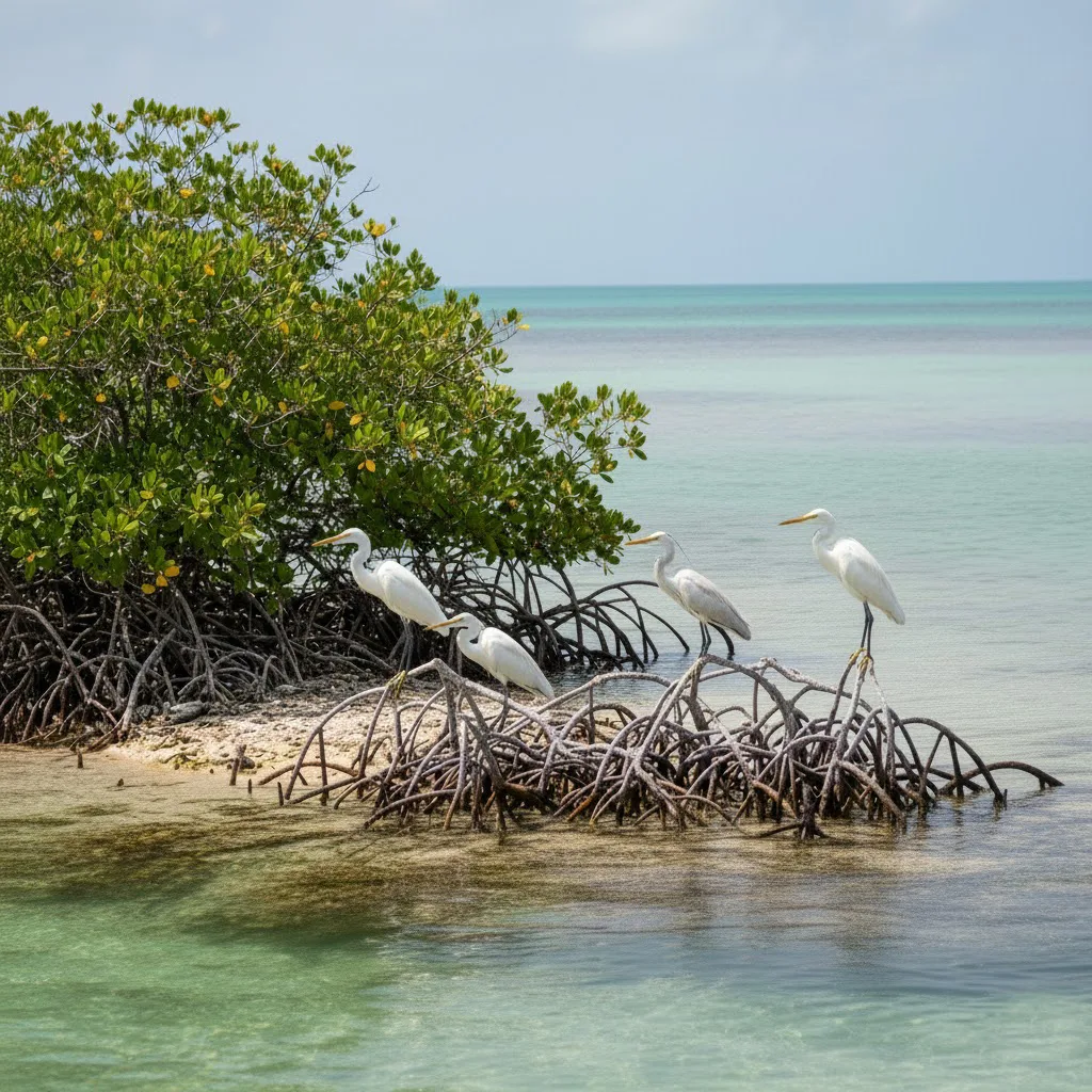 Aigrettes posées sur les racines de palétuviers dans la mangrove du Grand Cul-de-Sac Marin en Guadeloupe