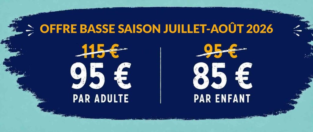 Offre spéciale début juillet 2026 en Guadeloupe avec tarif réduit ÉKONOMIZ : 95 € par adulte au lieu de 115 € et 85 € par enfant au lieu de 95 €