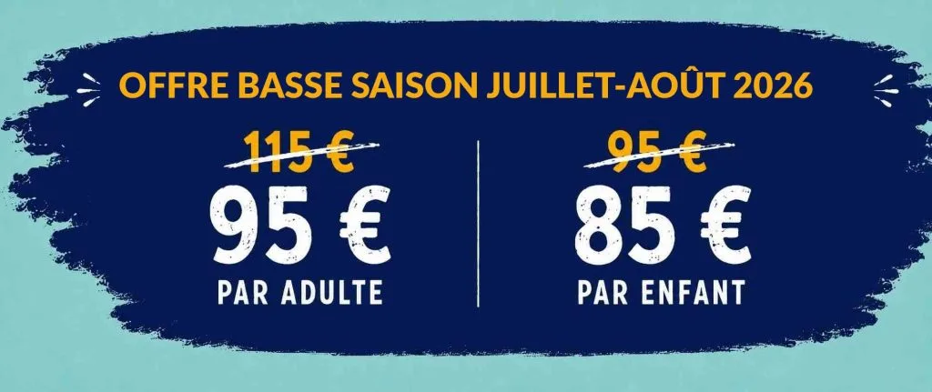 Offre spéciale début juillet 2026 en Guadeloupe avec tarif réduit ÉKONOMIZ : 95 € par adulte au lieu de 115 € et 85 € par enfant au lieu de 95 €