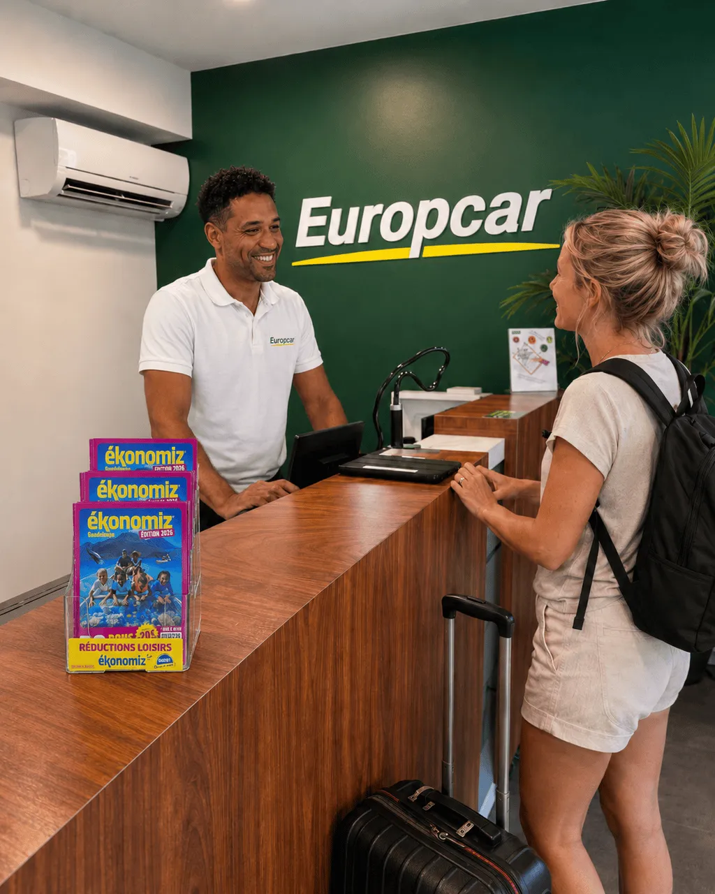 Présentoir du magazine ÉKONOMIZ chez un loueur de voitures en Guadeloupe