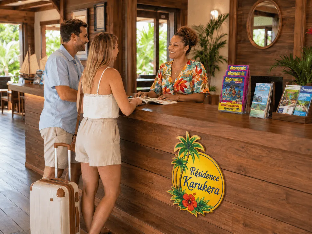 Présentoir ÉKONOMIZ dans une résidence touristique en Guadeloupe