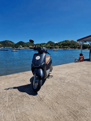 Scooter électrique Saintes Trô Paix à l’embarcadère du port de Terre-de-Haut aux Saintes